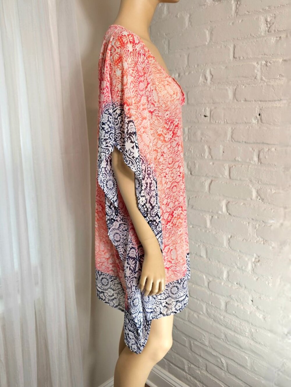 Tommy Bahama Kaftan Cover-Up Size M Coral Navy Border Print Beach - Picture 3 of 7